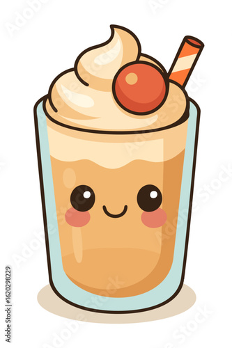 Cute frappuccino with whipped cream and a cherry on top, designed in a playful kawaii style. Perfect for beverage-themed content or drink-related illustrations.
