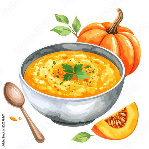 Vibrant watercolor illustration of creamy pumpkin soup in a bowl, garnished with parsley, next to a fresh pumpkin and a spoon.