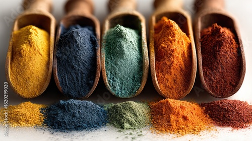 Vibrant Powder Pigments: A visual feast of colorful pigments is presented in wooden spoons, displaying a spectrum of vibrant colors. These finely ground powders, ideal for artistic endeavors.