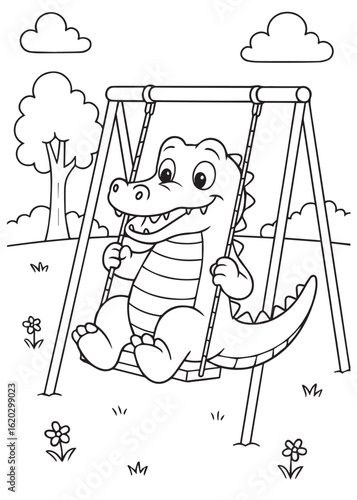 Coloring book crocodile sitting on a swing in the playground.