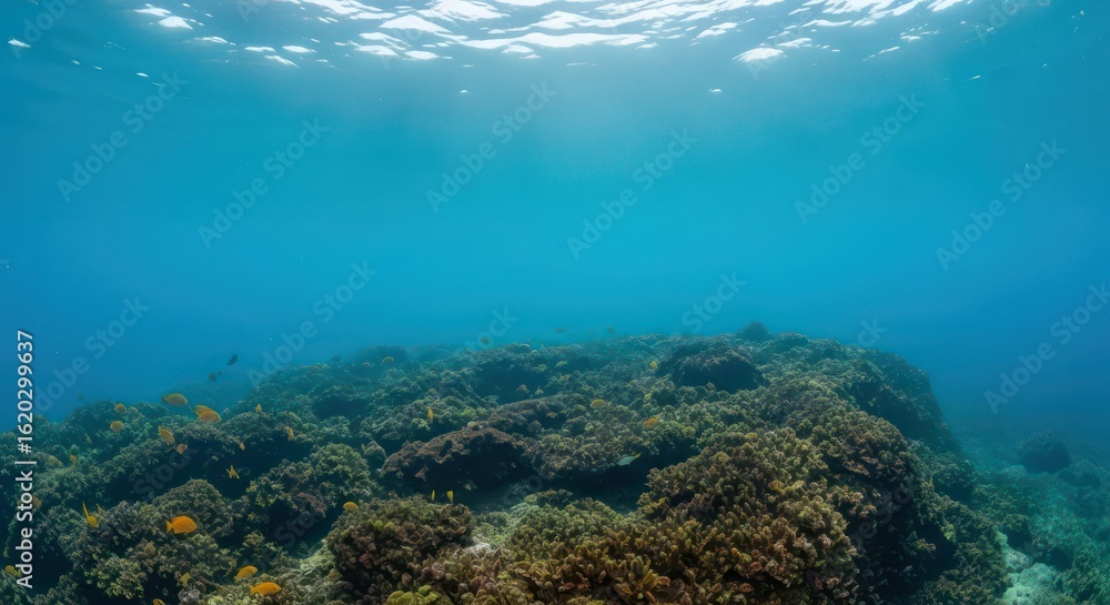 Fototapeta premium An underwater seascape showing a rocky seabed covered in algae with sunlight filtering through the clear blue water.