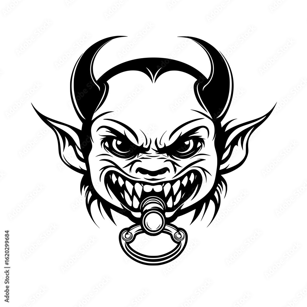 Fototapeta premium Monochrome vector illustration of a snarling demon baby head with horns, a detailed SVG graphic for a fierce mascot