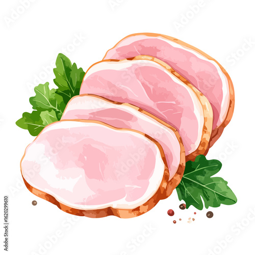 Sliced Ham with Arugula: Watercolor Style Illustration of Processed Meat