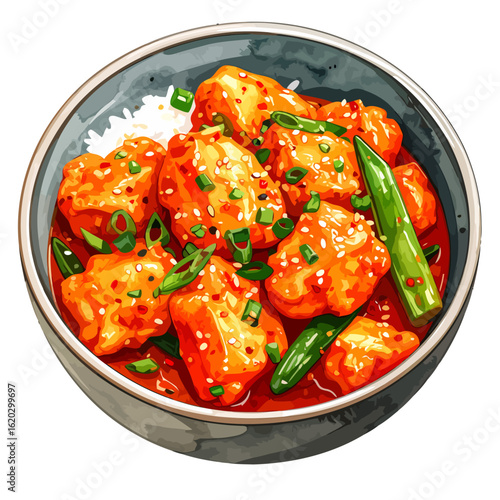 Delicious Bowl of Spicy Korean Fried Chicken with Rice and Green Onions
