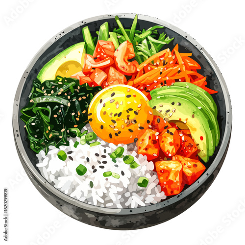 Vibrant illustrated poke bowl with raw egg yolk, sliced avocado, seaweed, and sesame seeds.