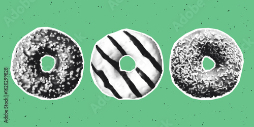 Pop art collage with donuts. Halftone style. Perfect for sticker, menu, streetwear designs, zines, editorial covers, poster art, album visuals, social media