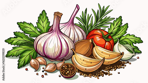 This isolated fresh herbs and spices on white background, culinary mix, garlic blends color and aroma. Semi-realistic details highlight freshness, natural flavor, and the essence of vibrant cooking in