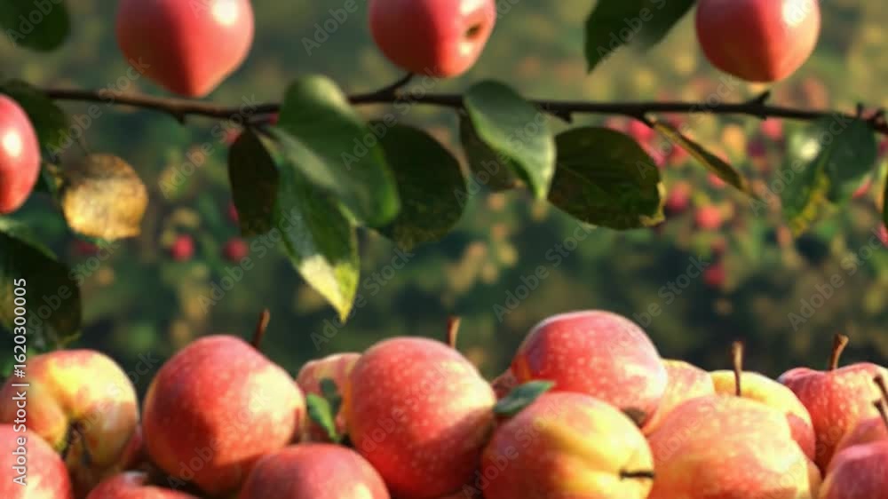 Freshly picked red apples overflowing from wooden crate in orchard Freshly picked red apples overflowing from wooden crate in orchard
