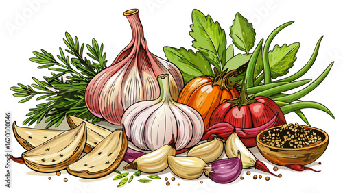 This isolated fresh herbs and spices on white background, culinary mix, garlic blends color and aroma. Semi-realistic details highlight freshness, natural flavor, and the essence of vibrant cooking in