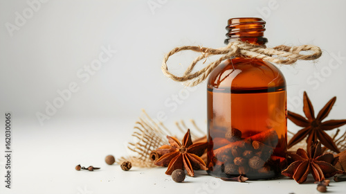 Amber Glass Bottle with Twine and Star Anise on White Background white isolated background : Batch, in high resolution clean minimal style stock photo illustration background image ideal for templates