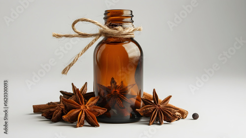 Amber Glass Bottle with Twine and Star Anise on White Background white isolated background : Batch, in high resolution clean minimal style stock photo illustration background image ideal for templates