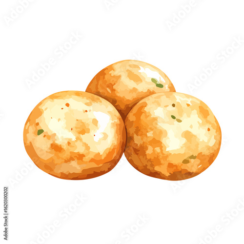 Three golden-brown fried appetizer balls with green herbs, stylized vector illustration.