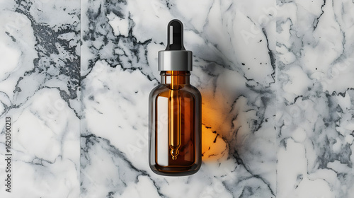 Amber Glass Serum Bottle with Dropper on White Marble Background, in high resolution clean minimal style stock photo illustration background image ideal for templates advertisements and web banners sh