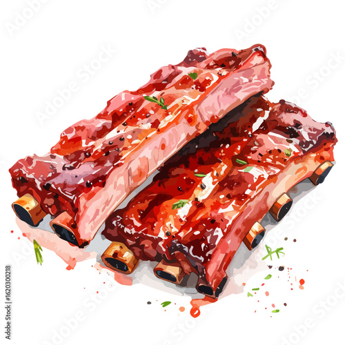 Stylized illustration of two juicy, glazed barbecue pork rib racks with pepper and herbs.