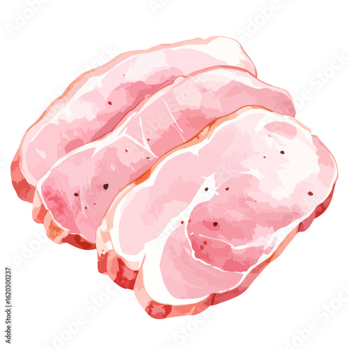 Three Watercolor Style Pork Loin Slices with Pink and White Marbling
