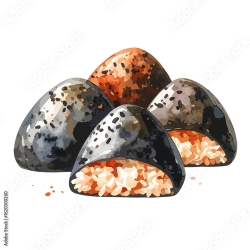 Artistic watercolor illustration of four triangular onigiri rice balls with nori seaweed and sesame seeds.