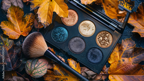 Autumnal Eyeshadow Palette with Makeup Brush and Leaves Flatlay, in high resolution clean minimal style stock photo illustration background image ideal for templates advertisements and web banners sho