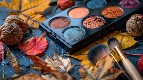 Autumnal Eyeshadow Palette with Makeup Brush and Leaves Flatlay, in high resolution clean minimal style stock photo illustration background image ideal for templates advertisements and web banners sho