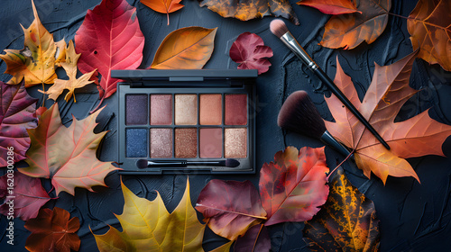 Autumnal Eyeshadow Palette with Makeup Brush and Leaves Flatlay, in high resolution clean minimal style stock photo illustration background image ideal for templates advertisements and web banners sho