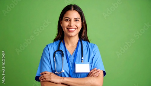 Smiling Female Nurse Portrait In Green Background