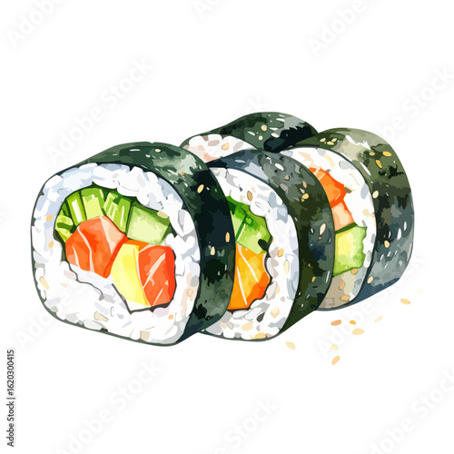 Vibrant watercolor illustration of Japanese maki sushi rolls with salmon, cucumber, and sesame seeds.