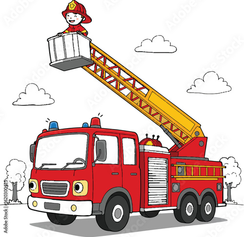 Smiling child firefighter standing on top of a cartoon fire truck with ladders, drawn in fun monochrome style.