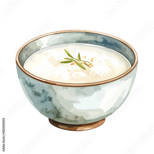 Hand-painted watercolor creamy soup in a light blue ceramic bowl with fresh rosemary garnish