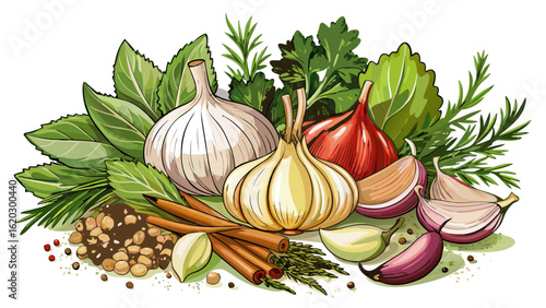 This isolated fresh herbs and spices on white background, culinary mix, garlic blends color and aroma. Semi-realistic details highlight freshness, natural flavor, and the essence of vibrant cooking in