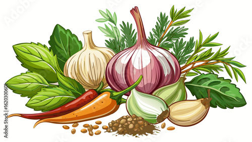 This isolated fresh herbs and spices on white background, culinary mix, garlic blends color and aroma. Semi-realistic details highlight freshness, natural flavor, and the essence of vibrant cooking in