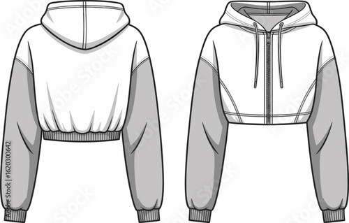 Trendy Women's Cropped Hoodie Flat Sketch, Long Sleeve Zipper Sweatshirt with Ribbed Hem, Fashion Apparel CAD Drawing