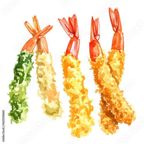 Vibrant watercolor illustration of assorted crispy shrimp tempura with colorful batter and red tails.