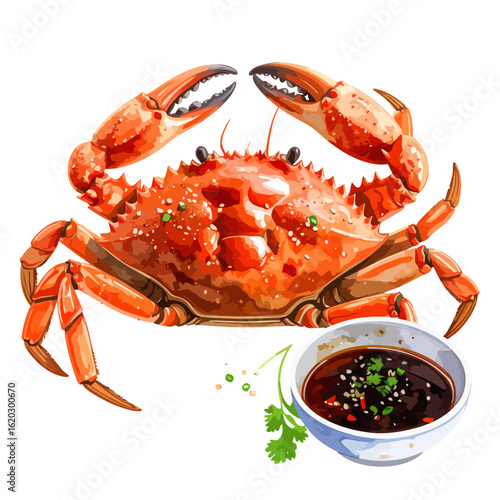 Whole cooked red crab with raised claws, served with a savory Asian dipping sauce and garnish.