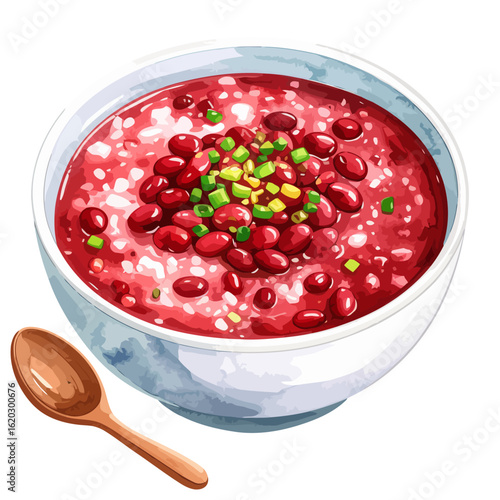 Vibrant watercolor illustration of a bowl of red bean soup, garnished with chopped scallions, with a wooden spoon.