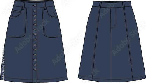 Denim skirt technical sketch, fashion flat vector CAD illustration, front and back view, detailed stitching, pockets, buttons, garment design