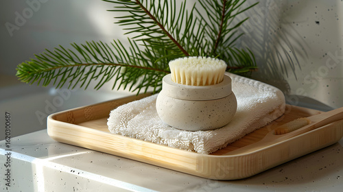 Beige Facial Cleansing Brush and Tray with Green Plant white isolated background : Batch, in high resolution clean minimal style stock photo illustration background image ideal for templates advertise