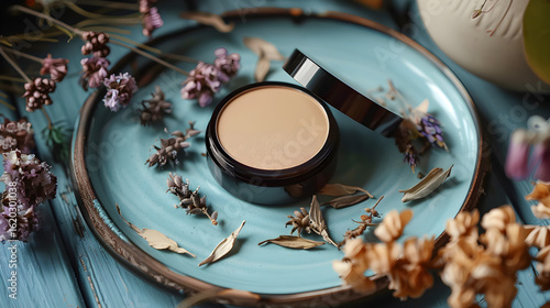 Beige Makeup Compact on Ceramic Plate with Dried Flowers, in high resolution clean minimal style stock photo illustration background image ideal for templates advertisements and web banners showcasing