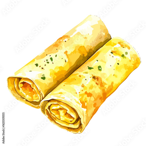 A pair of savory golden rolled crepes, garnished with herbs, in a watercolor style.