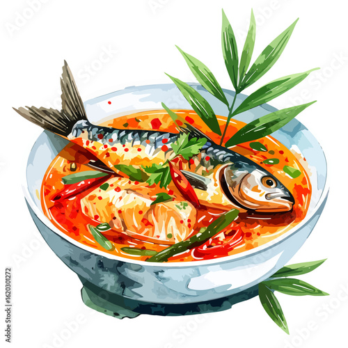 Vibrant bowl of spicy mackerel soup with a whole fish, red chili, and fresh herbs.