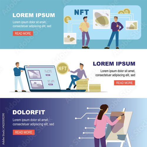 NFT concept. non fungible token business coin, crypto technology blockchain. vector banners.