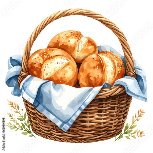 Hand-painted wicker basket filled with artisanal rolls