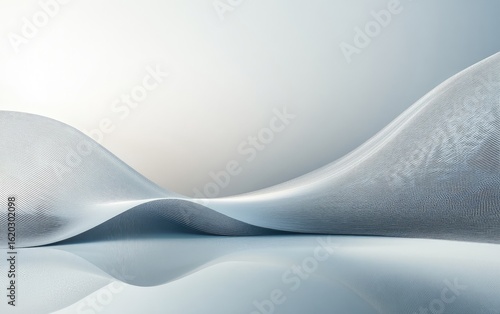 A silver spoon rests on a white background, subtly enhanced by a blue wave design and smooth light patterns