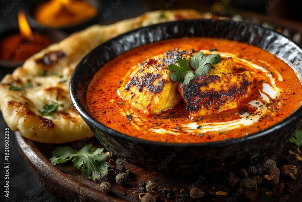 Creamy curry dish served with naan bread, garnished with herbs and spices in a dimly lit setting Creamy curry dish served with naan bread, garnished with herbs and spices in a dimly lit setting