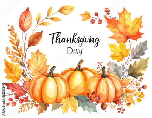 Festive Thanksgiving Day greeting with watercolor pumpkins, autumn leaves, and berries forming a colorful wreath.