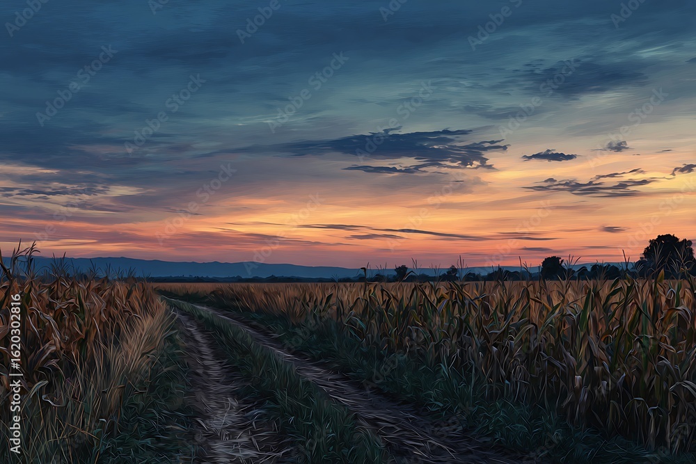 Obraz premium Scenic Cornfield Pathway Sunset Landscape with Vibrant Sky and Tall Crops
