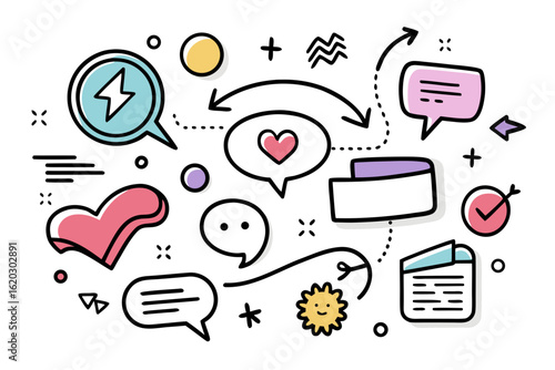 Vibrant doodle art showcasing modern communication concepts, perfect for expressing creative ideas and engagement, originally a scalable vector graphic for flexible design