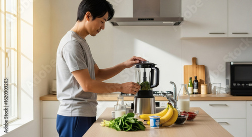 A young Asian man preparing a healthy fruit and vegetable smoothie in a bright, modern kitchen.