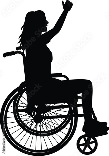 woman in wheelchair silhouette, disabled female vector, independence concept, accessibility illustration, wheelchair pose clipart, hand raised, black silhouette art