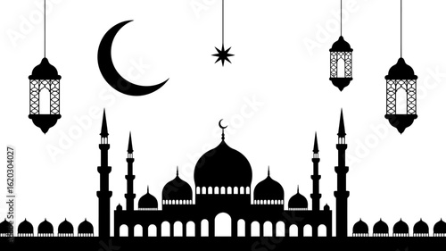 Ramadan Kareem illustration with mosque silhouette moon star and lanterns for festive islamic celebrations in black and white color