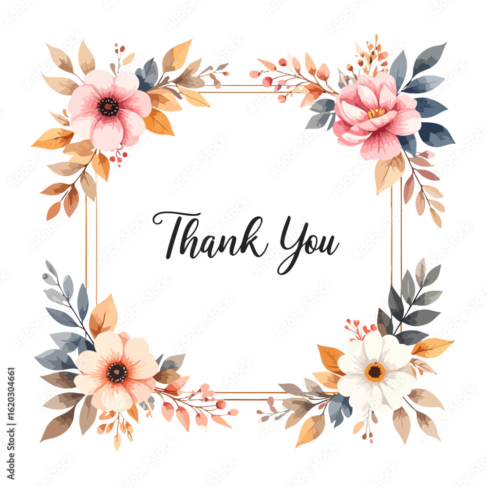 Naklejka premium Elegant 'Thank You' card with a square floral frame, featuring watercolor pink, orange, and white flowers and autumn-toned leaves.