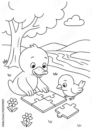 coloring book duck solving a puzzle with its duckling in the park.